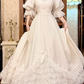 Off‑White Vintage Victorian High‑Neck Lace Illusion Puff Lantern 3/4 Sleeve Fitted Waist Multi‑Tier Lace Hem Long Prom Gown, Wedding Dress gh8611