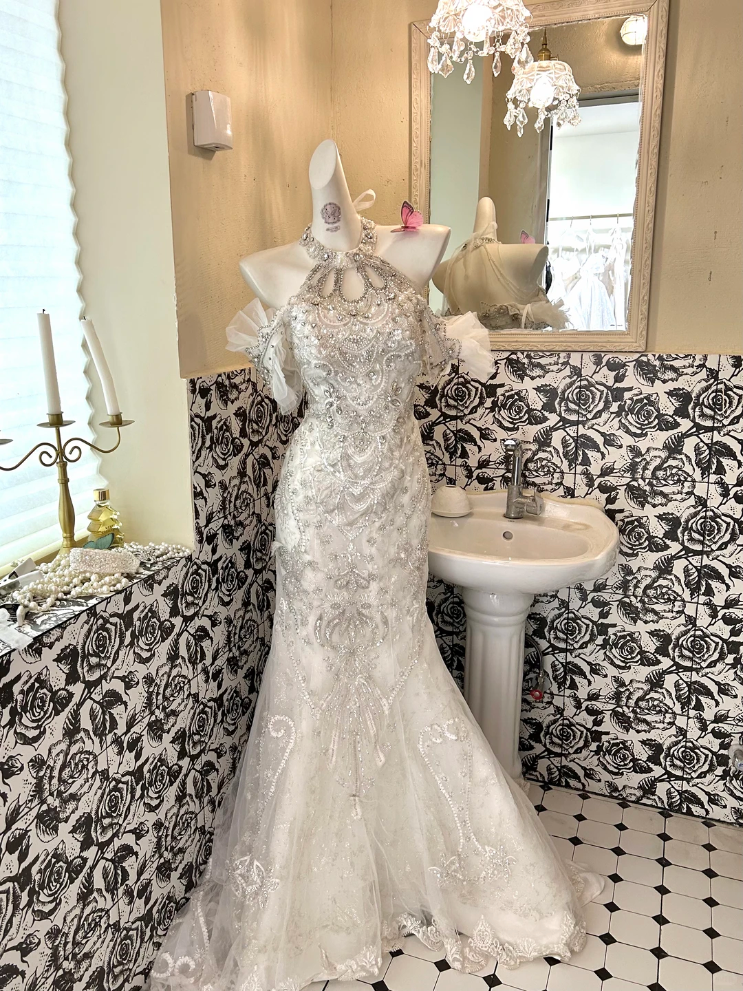 White Halter Wedding Gown with Silver Embellishments, Cinched Waist, Slim Fit Sexy Mermaid Skirt Romantic Dress gh7610