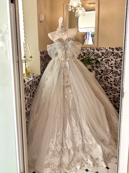 Ivory Strapless Bow Neckline Waist-Cinched Voluminous Full Skirt Luxury Elegant Romantic Dress, Wedding Gown gh7631