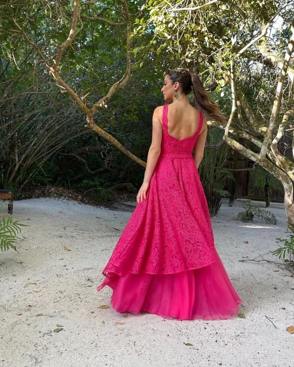 Robe de soirée longue en tulle et dentelle élégante et exquise, robe de soirée pour invités de mariage, rose, gh3362