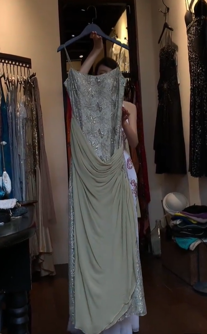 Sage Green Spaghetti Strap Silver Sequin Embroidered Draped Ruched Long Evening Prom Dress gh9784