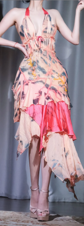 ✨Girlhomeshops-Halter Asymmetrical Ruffle Dress, Pink Watercolor Chiffon Evening Gown gh9932