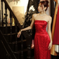 Red Strapless Jacquard Column Prom Dress Textured Fabric Long Evening Gown gh9859