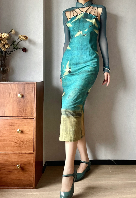 New‑Chinese‑Style‑Improved‑Qipao‑Midi‑Gown Teal‑Crane‑Print Halter‑Beaded‑Straps Stand‑Collar‑Mesh‑Shrug‑Top Fitted‑Slit‑Midi‑Dress Retro‑Oriental‑Party‑Dress gh8858
