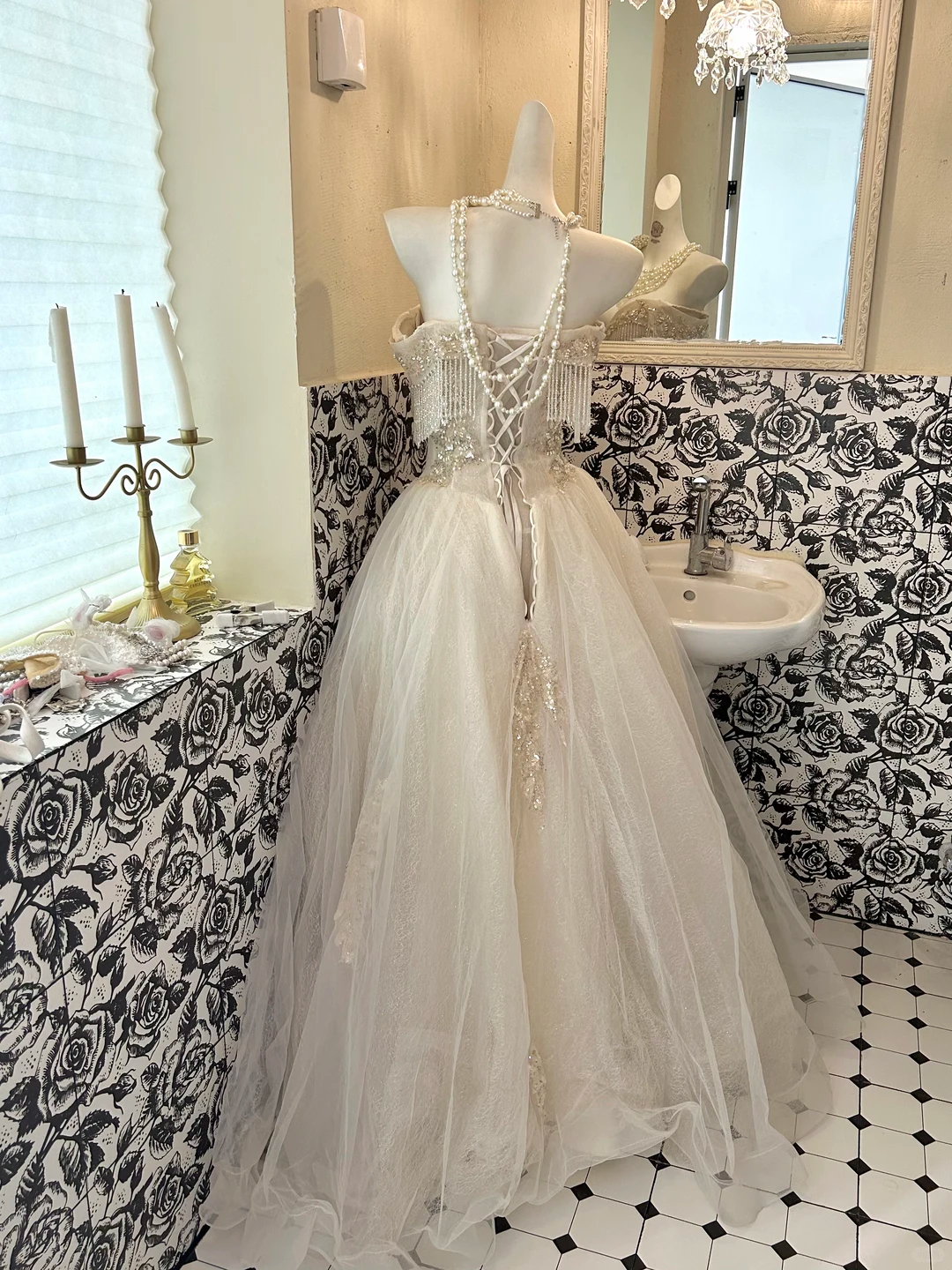 Ivory Strapless Tasseled Waist-Cinched Voluminous Skirt Long Romantic Dress, Wedding Gown gh7744