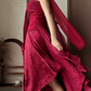 Burgundy‑Strapless‑Asymmetrical‑Gown Detachable‑Halter‑Sash Crinkle‑Textured‑Fabric Multi‑Layer‑Tattered‑Ruffle‑High‑Slit‑Skirt Retro‑Boho‑Photoshoot‑Evening‑Dress gh8853