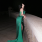 Emerald Green Satin High Slit Long Evening Gown Strapless Boned Corset Prom Dress gh9858