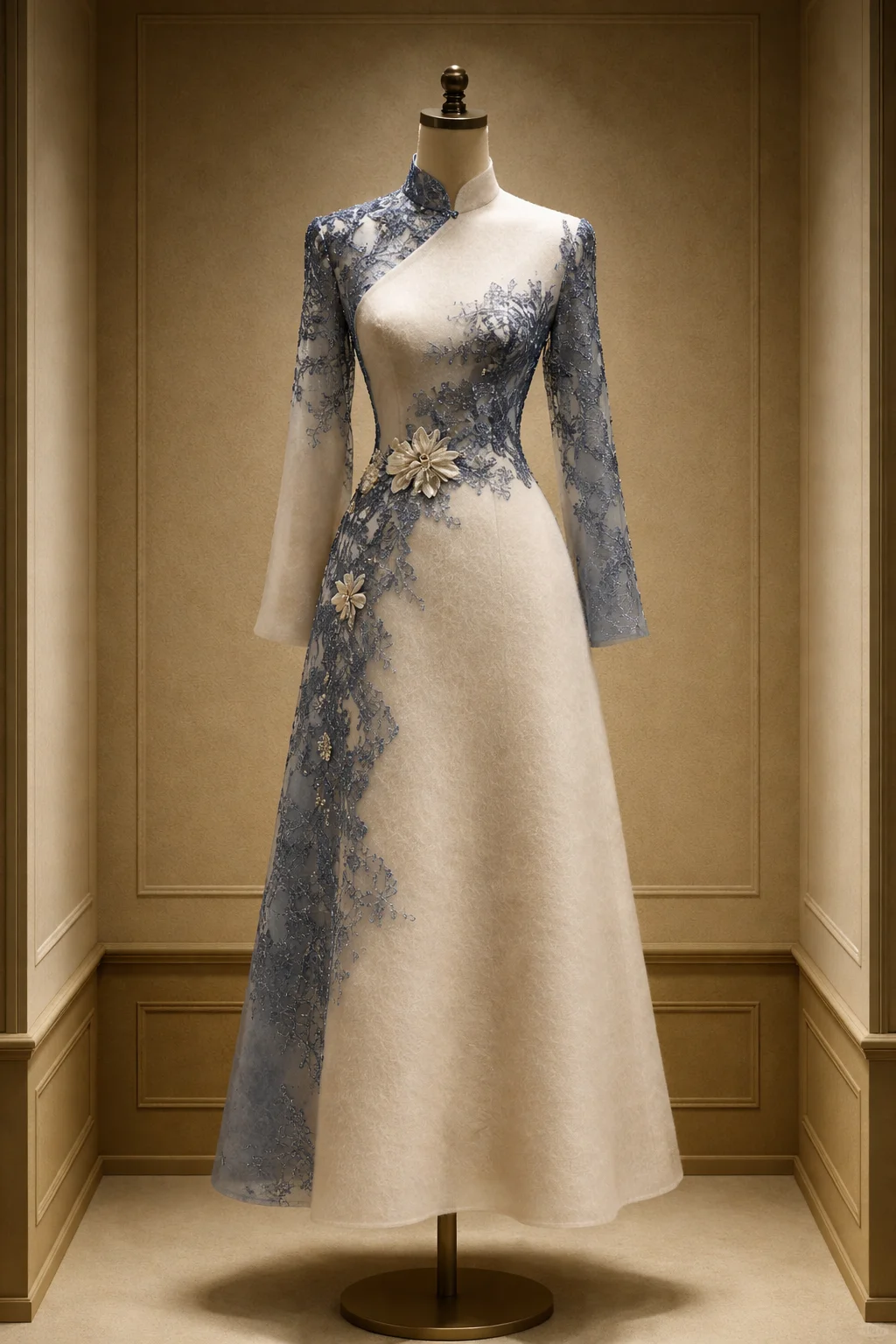 ✨Girlhomeshops-Ivory Dusty Blue Long Sleeve Qipao A-Line Dress with Lace Embroidery & 3D Floral gh10532