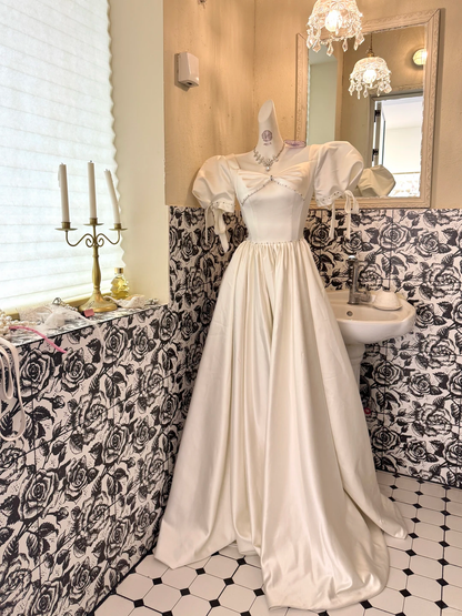 Ivory Satin Puff Sleeve Square Neck Waist-Cinched Full Flared Skirt Long Romantic Dress, Wedding Gown gh7748