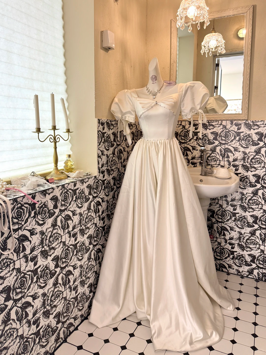 Ivory Satin Puff Sleeve Square Neck Waist-Cinched Full Flared Skirt Long Romantic Dress, Wedding Gown gh7748