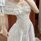 White Vintage Satin Long‑Train Wedding Prom Dress, Off‑the‑Shoulder Cape Collar With Big Bow, Lace Beaded Bodice, Scattered Lace Appliqués gh8711