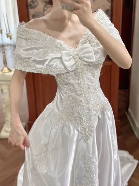 White Vintage Satin Long‑Train Wedding Prom Dress, Off‑the‑Shoulder Cape Collar With Big Bow, Lace Beaded Bodice, Scattered Lace Appliqués gh8711