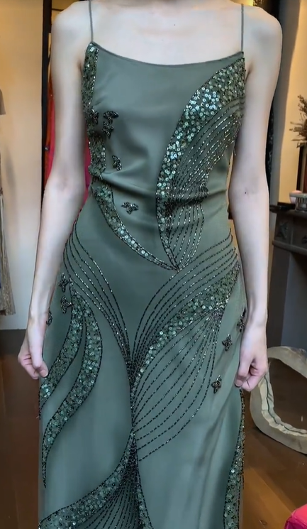 Olive Green Spaghetti Strap Square Neck Hand Beaded Sequin Mermaid Long Evening Prom Dress gh9786
