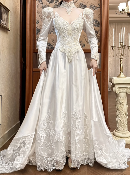 White Vintage Satin Wedding Prom Dress, Lace High Neck Choker, Leg‑of‑Mutton Puff Sleeves, Beaded Lace Appliqués, Floral Lace Embroidery A‑Line Long Train gh8669