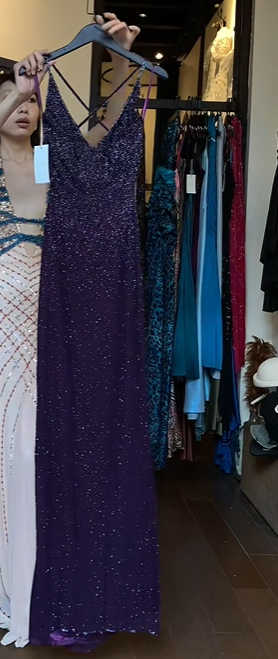 Dark Purple Fully Beaded Evening Gown V Neck Spaghetti Straps Criss Cross Back Long Prom Dress gh9735