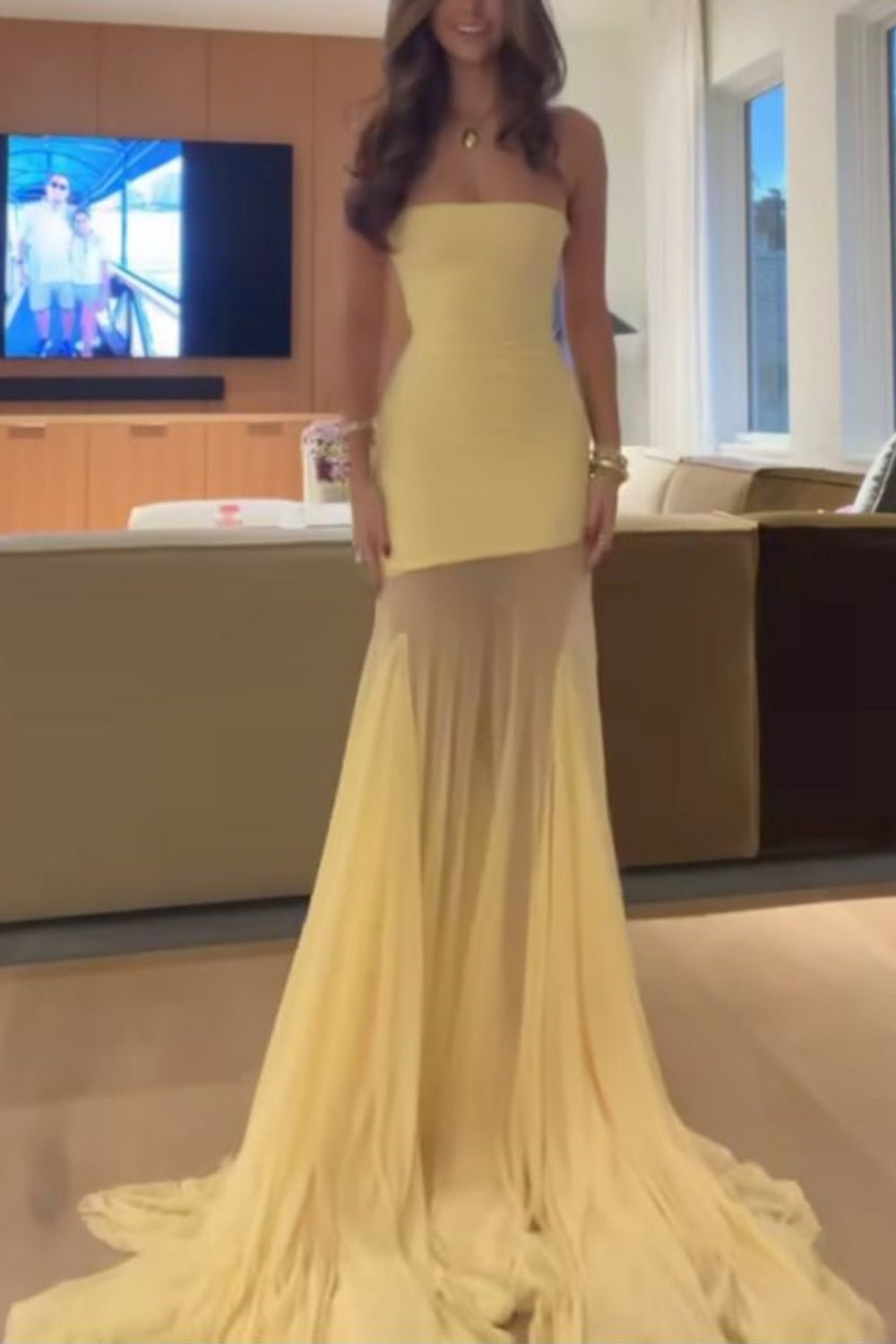 girlhomeshops-Yellow Elegant Mermaid Slim Long Chiffon Prom Dress Graduation Dress gh5930