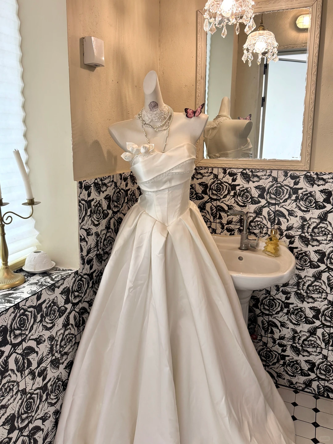 White Satin Strapless Waist-Cinched Full A-line Long Romantic Dress, Wedding Gown gh7498