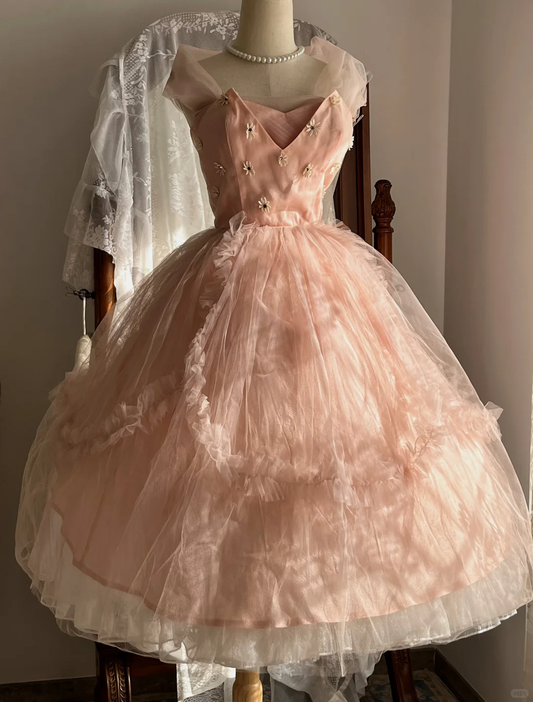 Dusty Pink Satin Vintage Princess Ball Gown, V Neck Tulle Cap Sleeve Party Dress gh9346