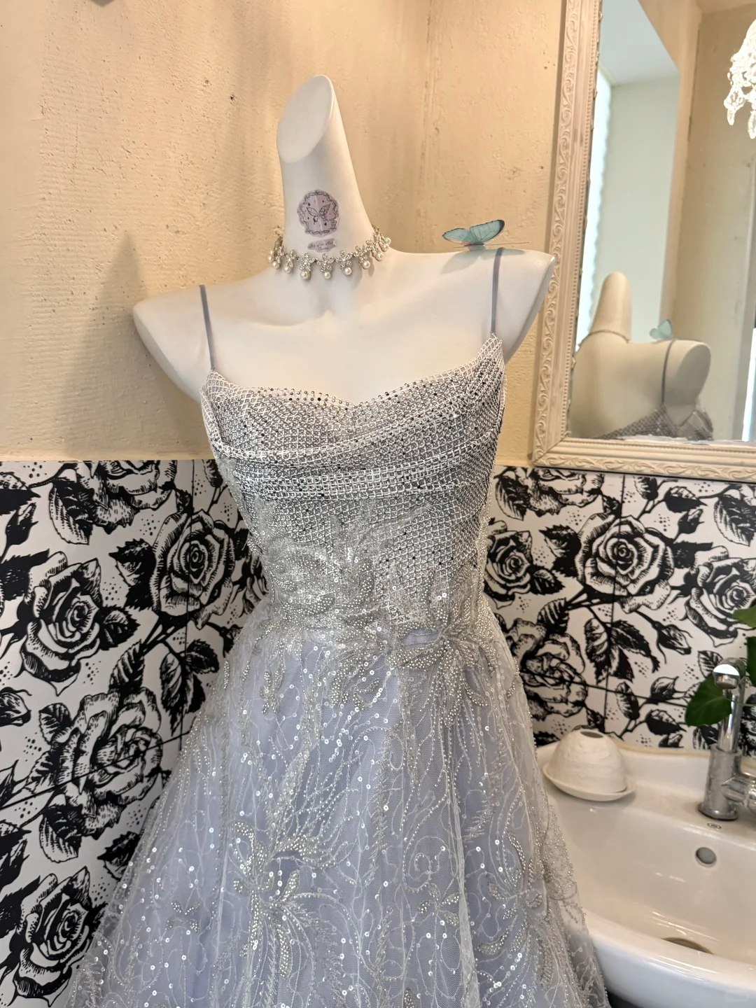 Light Grey Spaghetti Strap Waist-Cinched Full Flared Skirt Elegant Luxury Romantic Dress, Wedding Gown gh7679