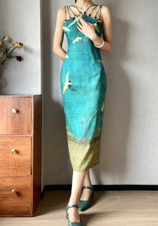 New‑Chinese‑Style‑Improved‑Qipao‑Midi‑Gown Teal‑Crane‑Print Halter‑Beaded‑Straps Stand‑Collar‑Mesh‑Shrug‑Top Fitted‑Slit‑Midi‑Dress Retro‑Oriental‑Party‑Dress gh8858