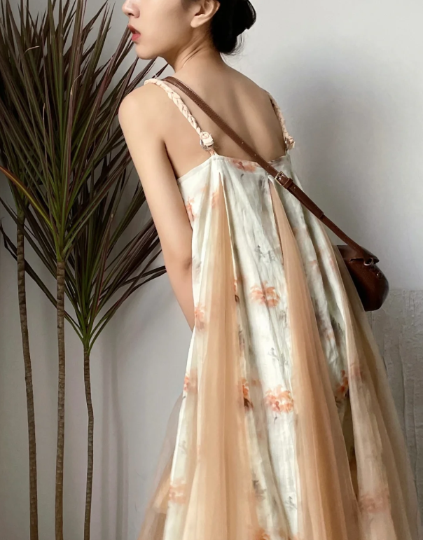 Ink‑Wash‑Orange‑Floral‑Slip‑Maxi‑Gown V‑Neck‑Gathered‑Loose‑Fit Braided‑Tassel‑Straps Apricot‑Tulle‑Overlay Crinkle‑Textured‑Lining New‑Chinese‑Style‑Vacation‑Bridal‑Dress gh8857