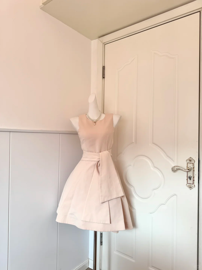 Women Nude Pink Homecoming Dress, Sleeveless Round Neck Fitted Waist With Matching Wide Sash Side Big Bow Layered Pleated Flared A‑Line Mini Dress gh9184