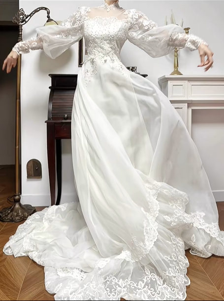 Ivory Vintage Lace Mock‑High‑Neck Puff‑Sleeve Double‑Lace‑Trim Long Train Wedding Dress gh8771