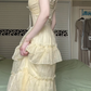 Pale Yellow V‑Neck Sleeveless Long Evening Gown, Ruffle Tulle Tiered Cake Skirt Formal Prom Dress gh9028