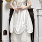 Ivory Vintage Satin Wedding Gown, Square Neck With Lace Flutter Sleeves, Fitted Waist, Outer Ruched Bow Satin Over‑Skirt, Inner Multi‑Tier Lace Cake Layered Long Skirt, Bridal Prom Dress gh8756