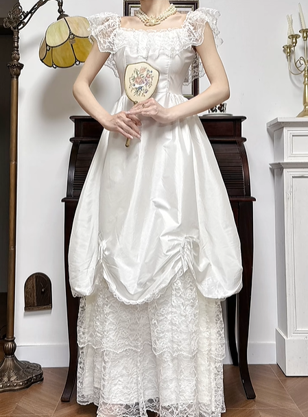 Ivory Vintage Satin Wedding Gown, Square Neck With Lace Flutter Sleeves, Fitted Waist, Outer Ruched Bow Satin Over‑Skirt, Inner Multi‑Tier Lace Cake Layered Long Skirt, Bridal Prom Dress gh8756