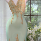 Mint Green Halter Neck Evening Dress, Gold Beaded Short Bodycon Cocktail Gown gh9501