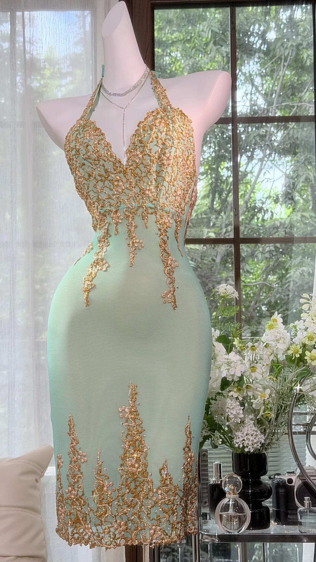 Mint Green Halter Neck Evening Dress, Gold Beaded Short Bodycon Cocktail Gown gh9501