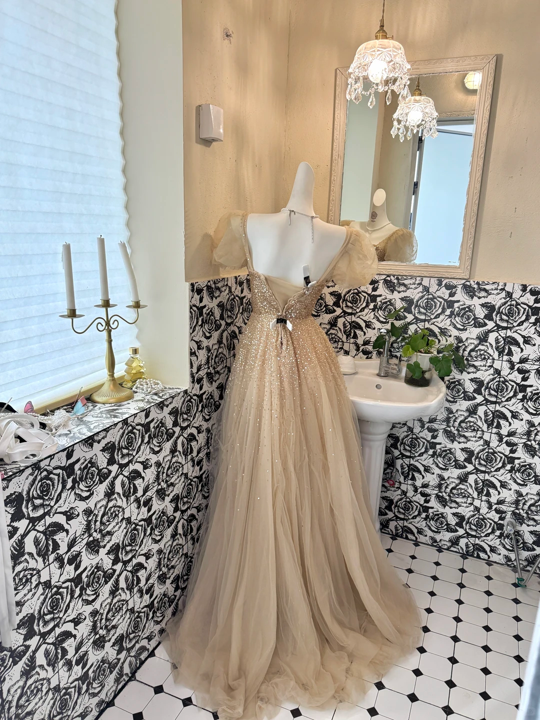 Gold Puff Sleeve Square Neck Waist-Cinched A-Line Skirt Elegant Luxury Romantic Dress, Wedding Gown gh7677
