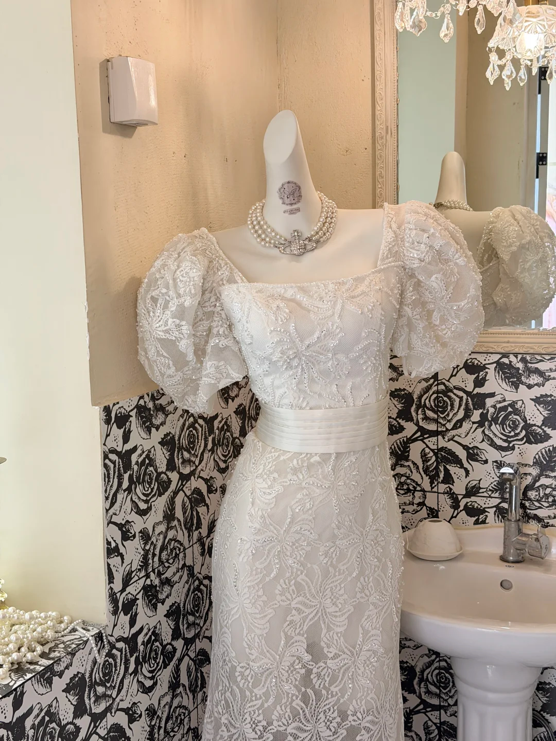 White Lace Vintage Puff Sleeve Square Neck Waist-Cinched Figure-Flattering Sexy Bodycon Romantic Dress, Wedding Gown gh7759