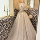 Ivory Off-Shoulder Waist-Cinched Embroidered Vintage Elegant Full Flared Romantic Dress, Wedding Gown gh7511