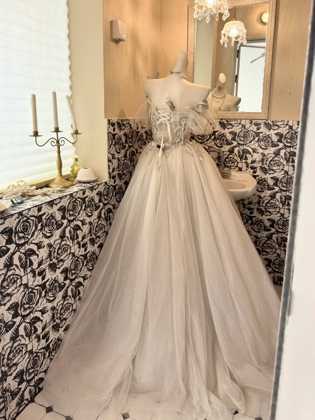 Ivory Off-Shoulder Waist-Cinched Embroidered Vintage Elegant Full Flared Romantic Dress, Wedding Gown gh7511