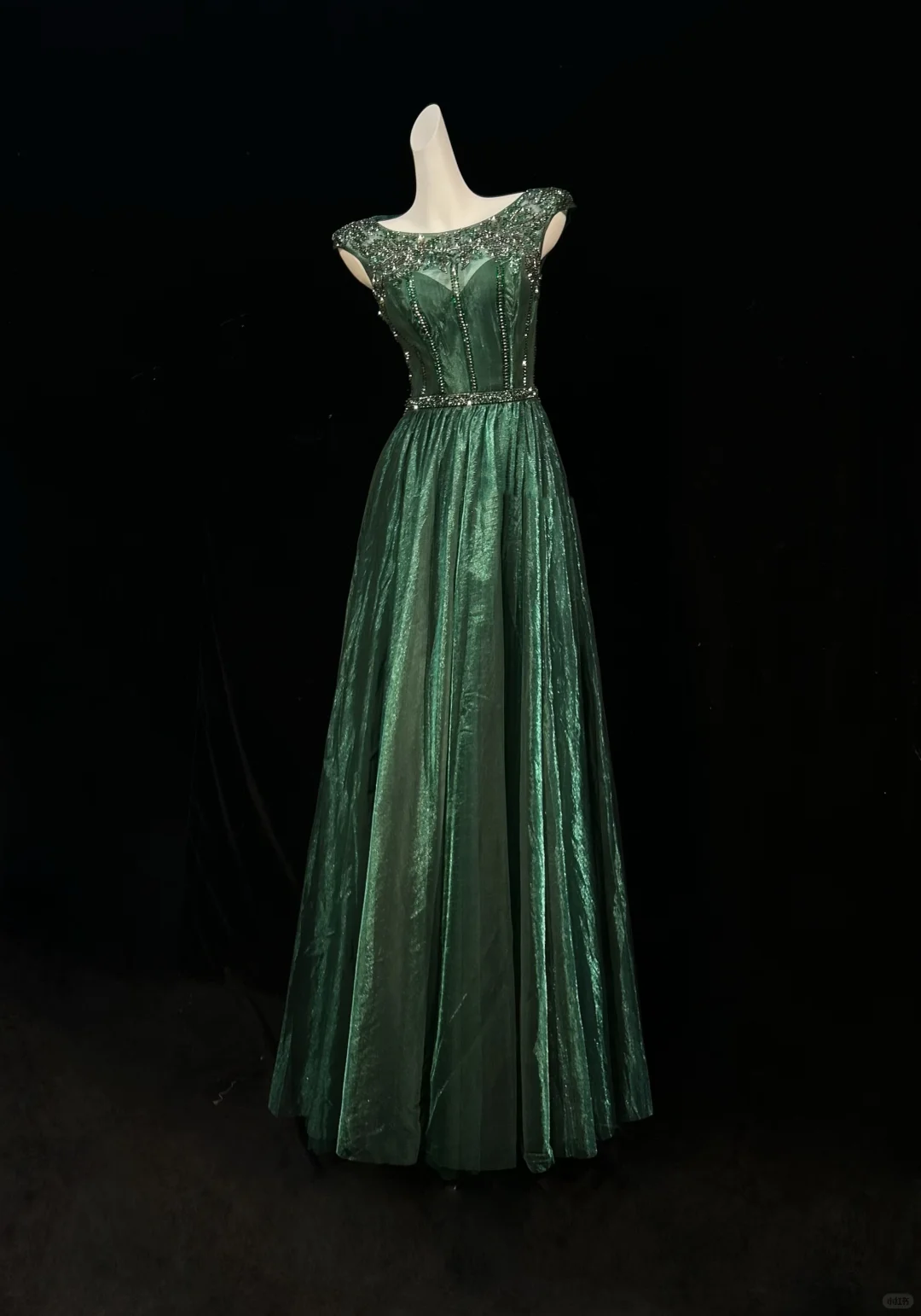 ✨Girlhomeshops-Dark Green Cap Sleeve Beaded Rhinestone A-Line Gown Shimmer Tulle gh10147