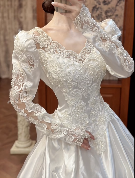 Ivory Vintage Satin Beaded Lace Ball Gown Wedding Dress, Puff Long Sleeve Bridal Prom Dress gh8725