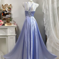Women Vintage Lavender Satin Prom Dress, V-Neck With Double Spaghetti Straps, Cross Ruched Bodice, High Waist, Flowy Full A-Line Skirt, Elegant Floor Length Evening Gown For Photoshoot gh9274