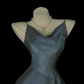 Dusty Blue Satin Slip Midi Gown, Cowl Draped Neckline, One‑Shoulder Tassel Rhinestone Fringe Detail, High Fitted Waist, Asymmetrical Tiered Flowy Midi Skirt, Retro Cold‑Tone Prom Evening Photoshoot Dress gh8872