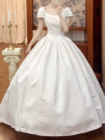 White Vintage Satin Ball Gown Wedding Prom Dress, Square Off‑the‑Shoulder Puff Sleeves, 3D Fabric Roses, Voluminous Pleated Skirt gh8708