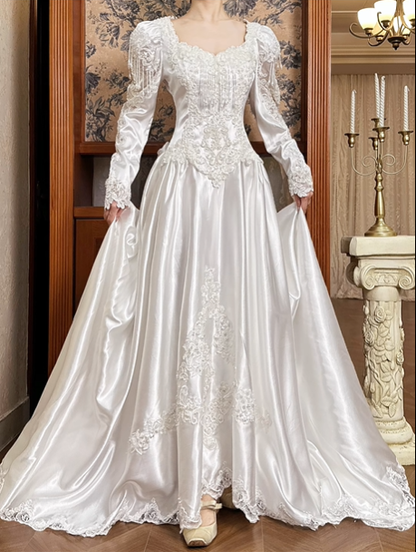 White Vintage Satin Wedding Gown, Sweetheart Square Neck, Puff Long Sleeves With Lace Cuffs, Heavy Lace Beaded Appliqué Pointed Waist, A‑Line Long Train With Lace Hem, Prom Dress gh8646