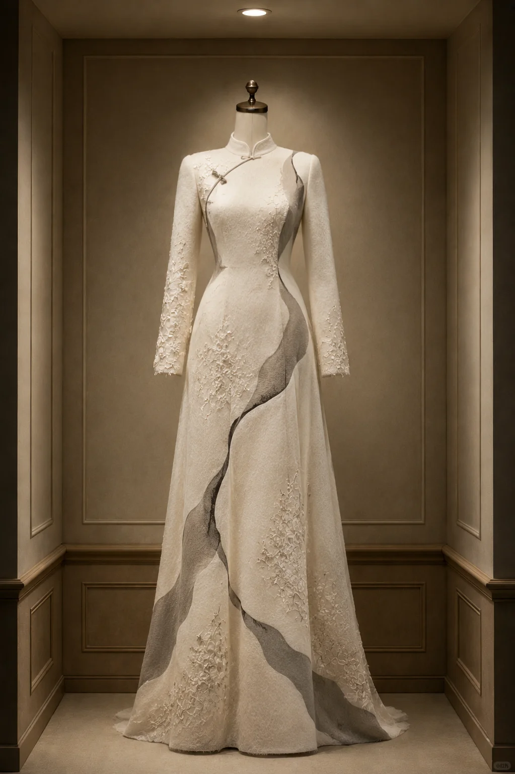 ✨Girlhomeshops-Cream Grey Wavy Panel Beaded Qipao Cheongsam Evening Dress gh10383
