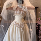 Off‑White Off‑The‑Shoulder Vintage Satin Wedding Gown, 3D Handmade Rose Floral A‑Line Train Bridal Dress gh9061