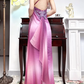 Pink‑Purple Ombré Vintage Spaghetti‑Strap V‑Neck Prom Gown, Lace‑Beaded Trim At Waist, Iridescent Shiny Satin, Fitted Bodycon Mermaid Long Dress, Matching Ombré Shawl, Evening Prom Dress gh8812
