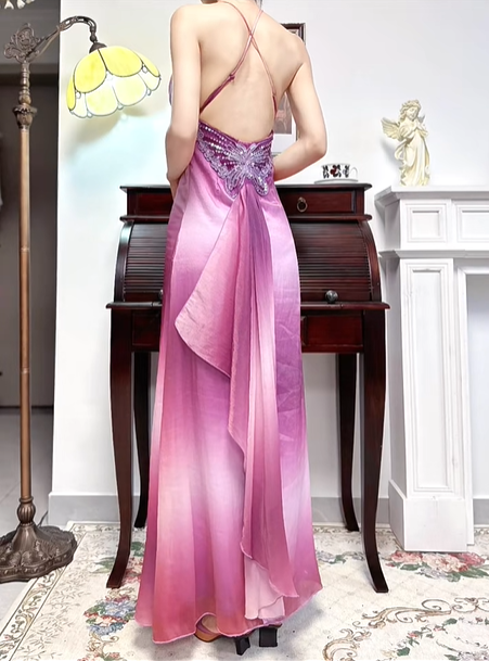 Pink‑Purple Ombré Vintage Spaghetti‑Strap V‑Neck Prom Gown, Lace‑Beaded Trim At Waist, Iridescent Shiny Satin, Fitted Bodycon Mermaid Long Dress, Matching Ombré Shawl, Evening Prom Dress gh8812