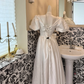 White Square Neck Puff Sleeve Waist-Cinched Full Flared Romantic Dress, Wedding Gown gh7520