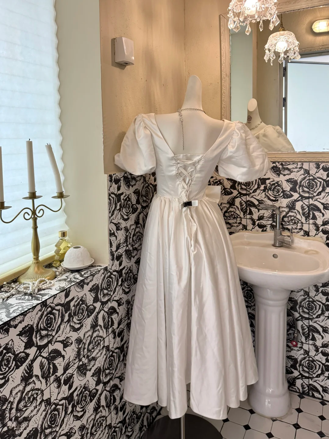 White Square Neck Puff Sleeve Waist-Cinched Full Flared Romantic Dress, Wedding Gown gh7520