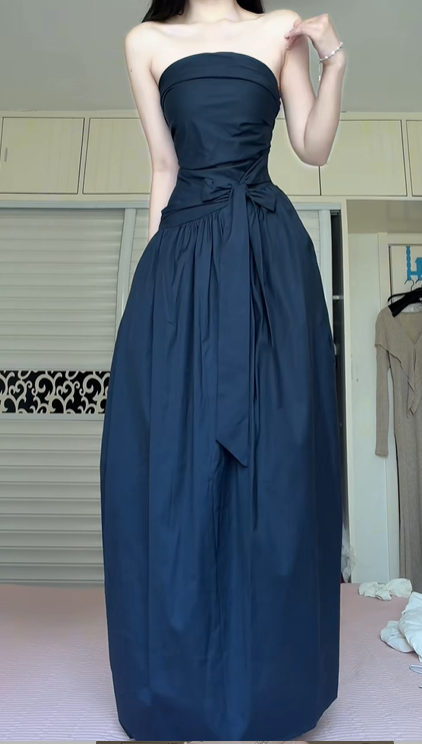 Navy Blue Strapless Tube Top Long Evening Gown, Folded Bandeau Neckline, Waist Bow Sash Tie, Side Pockets, Gathered Floor‑Length Maxi Skirt, Formal Prom Dress gh8931