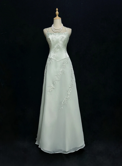 ✨Girlhomeshops-Mint Green Double Spaghetti Strap A-Line Gown Floral Embroidery gh10143